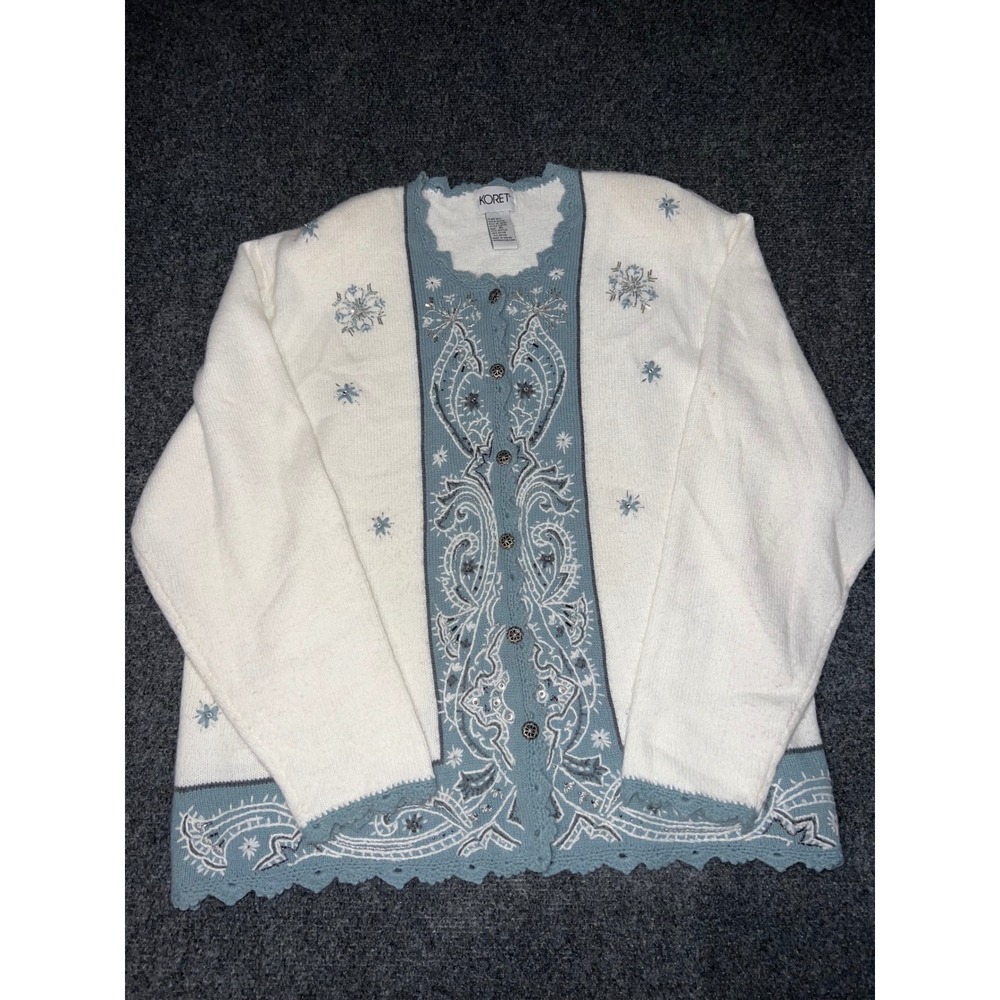 Koret Cardigan Sweater XL White Blue Snowflake Embroidered Beaded Scallop HW751